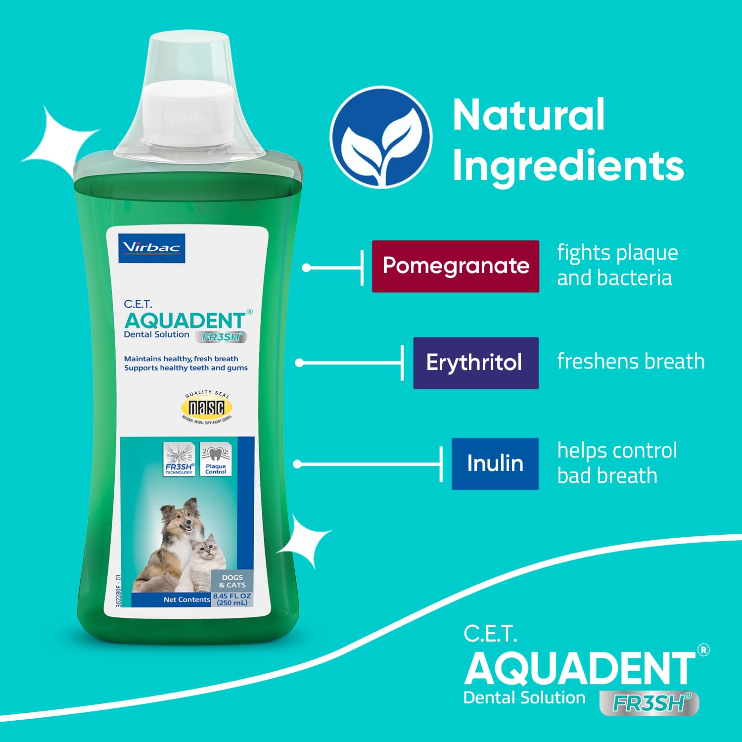 Virbac CET AQUADENT FR3SH, mascota sonriente y aliento más fresco.