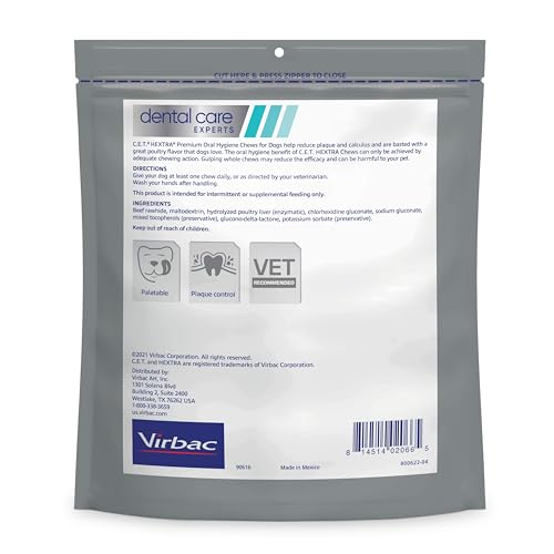 Virbac C.E.T. HEXtra masticos dentales: sabor pollo que gusta a perros y favorece la limpieza bucal.