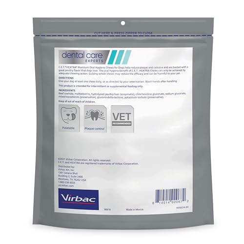 Virbac C.E.T. HEXtra Premium para perros: masticables que reducen placa y sarro.