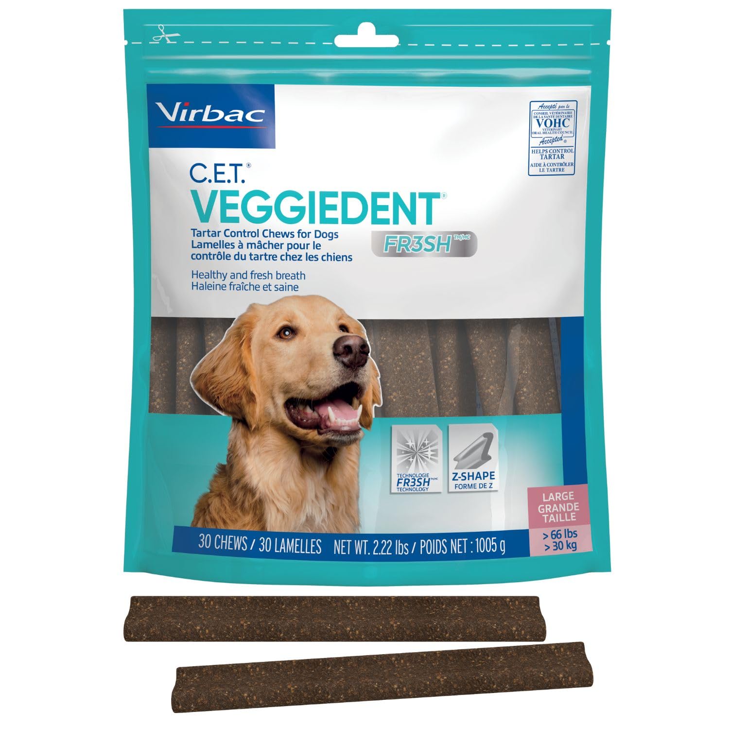 Virbac CET Veggiedent FR3SH, dientes-grandes: ayuda a limpiar dientes al masticar.