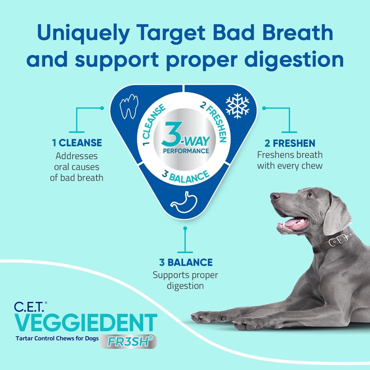Virbac CET Veggiedent FR3SH, sin-gluten: fórmula fácilmente digestible para perros grandes.
