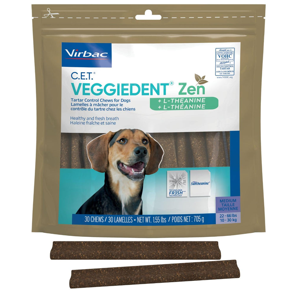 Virbac Veggiedent Zen: masticables dentales para perros que limpian dientes y refrescan el aliento.