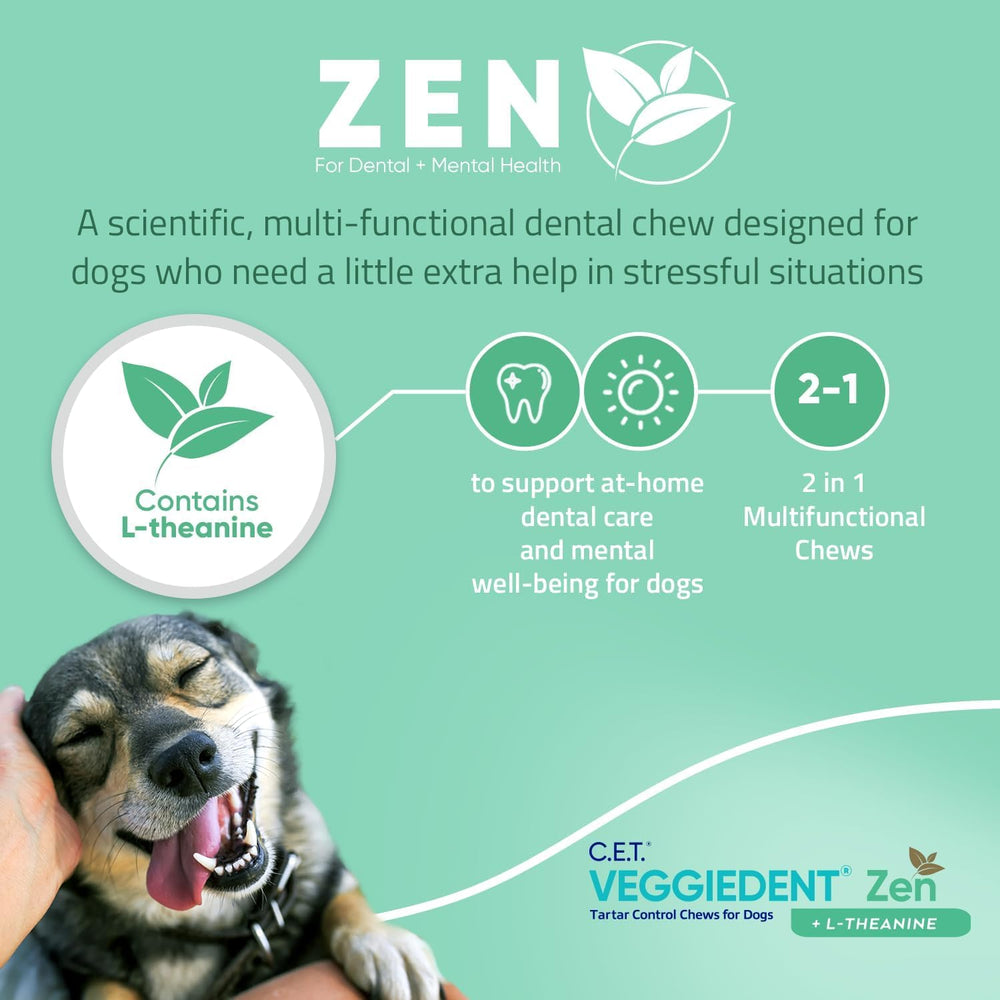 Golosinas dentales VeggieDent Zen para perros pequeños, suaves y digestibles.
