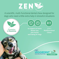 Golosinas dentales VeggieDent Zen para perros pequeños, suaves y digestibles.