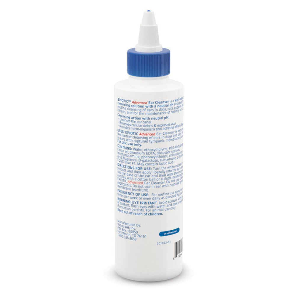 Etiqueta de Virbac Epi-Otic destacando tecnología anti-olor y pH neutro.