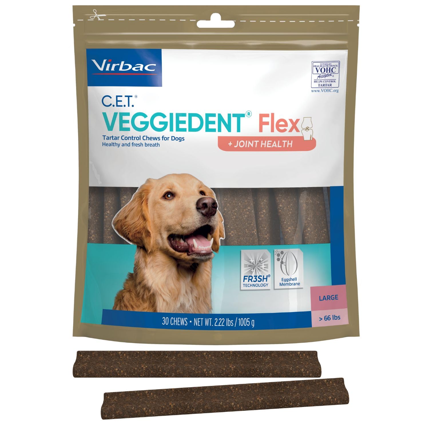 Virbac Veggiedent Flex diente-limpio mejora la higiene bucal de perros grandes.