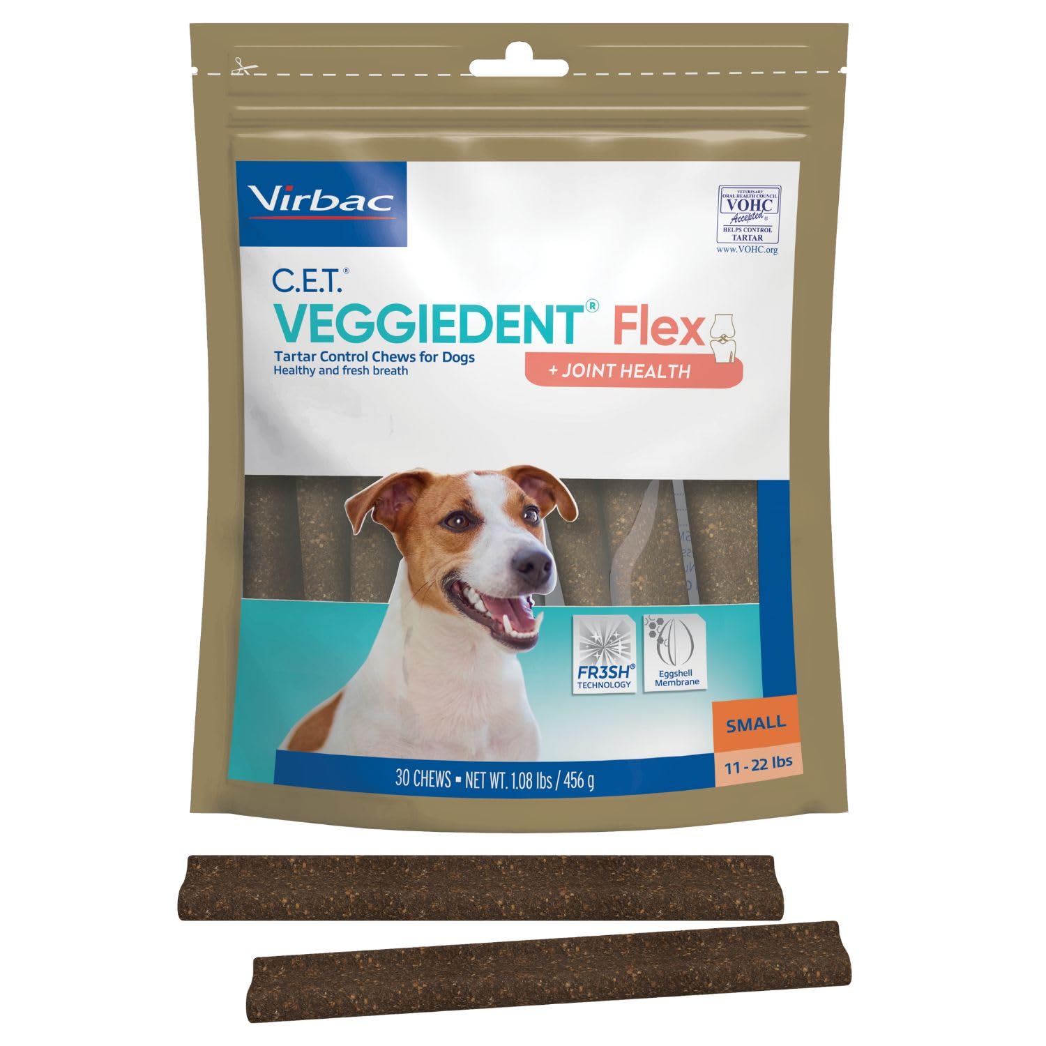Virbac VeggieDent Flex, masticable con forma en Z para limpieza dental eficaz.