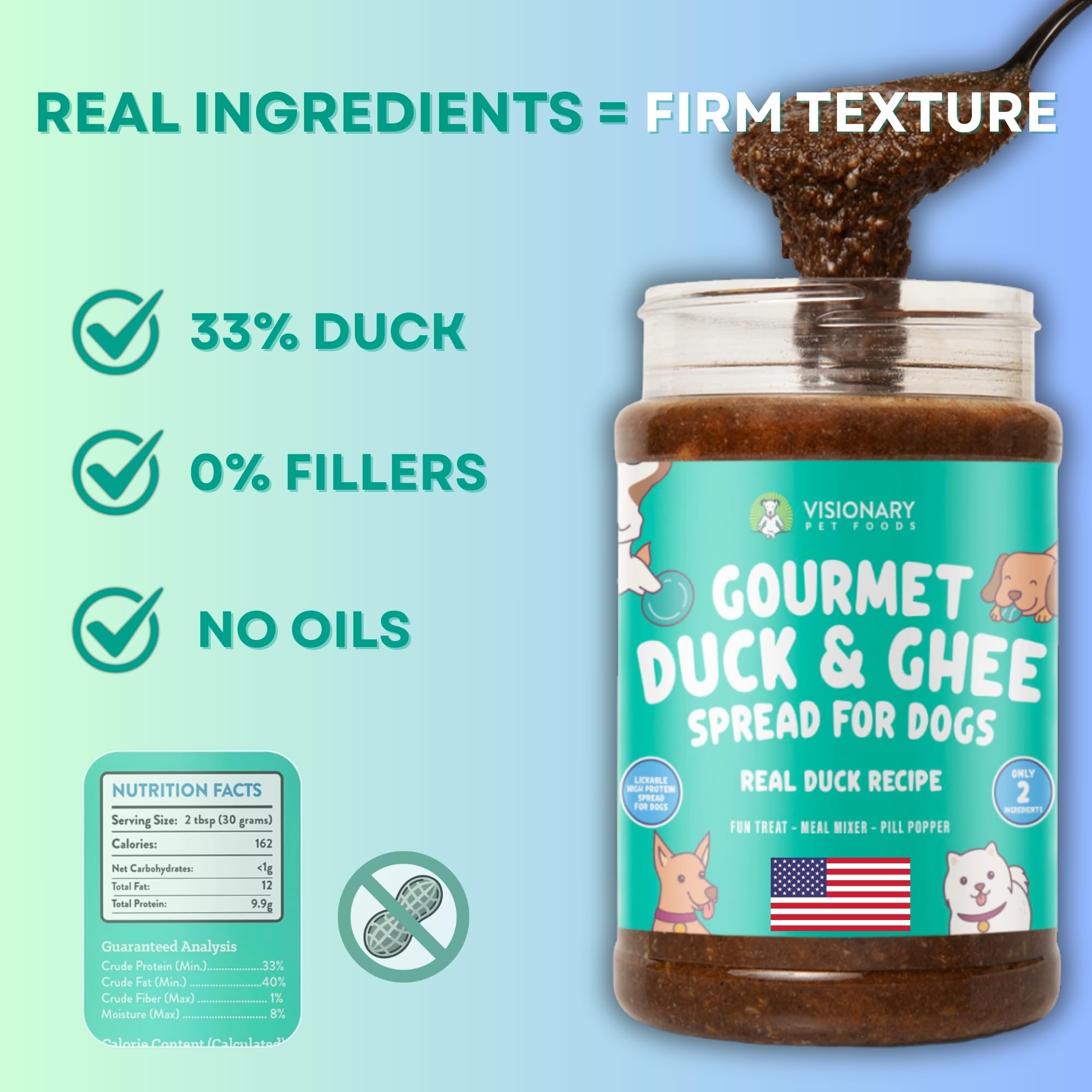 Ingredientes pato y ghee de Visionary Pet Foods para una opción natural.