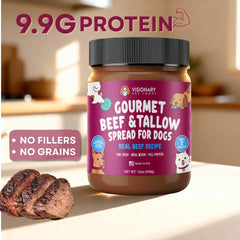 Textura cremosa de Visionary Pet Foods Meat Spread para mezclar en la comida diaria.