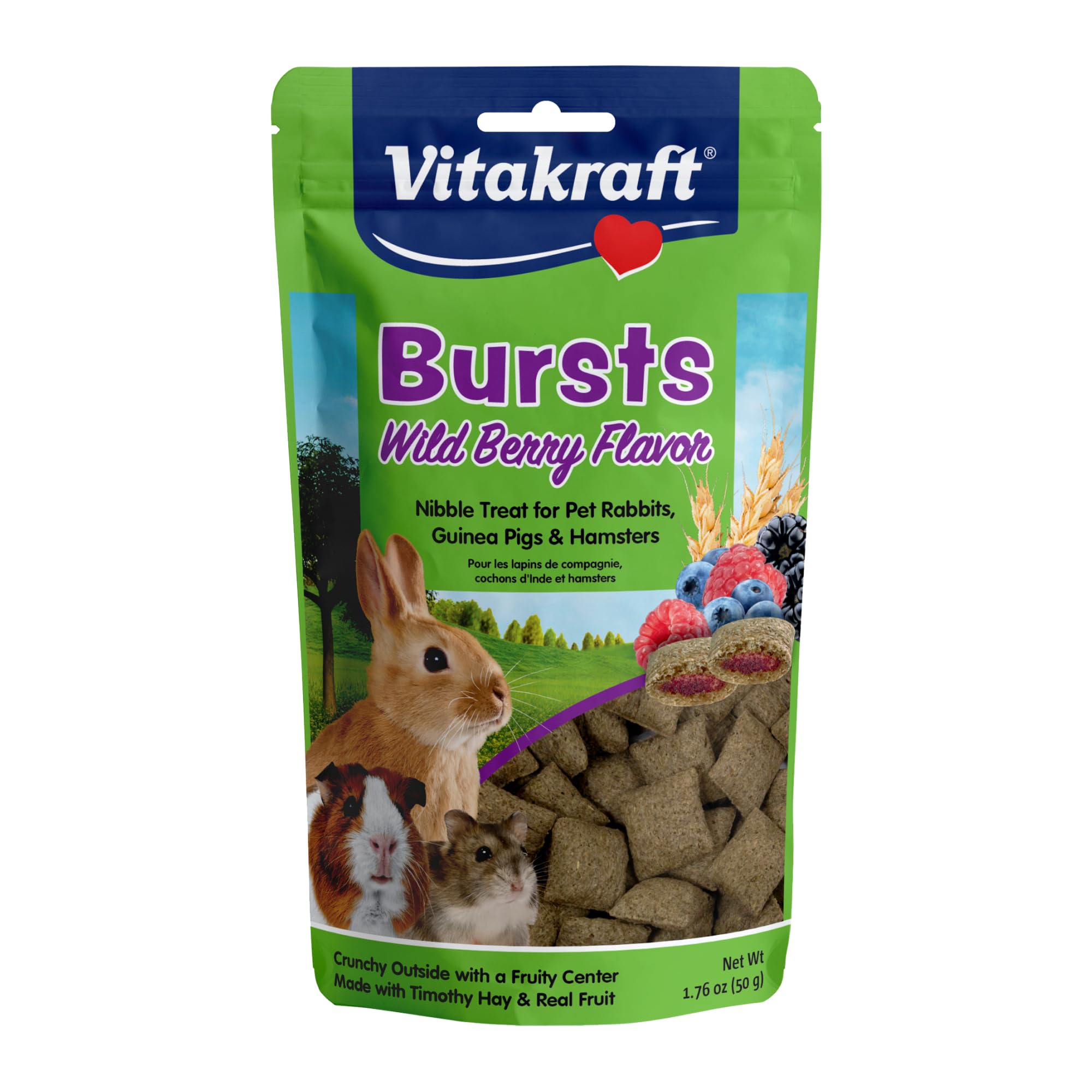 Vitakraft Bursts muestra la capa crujiente de heno timothy para masticación saludable.
