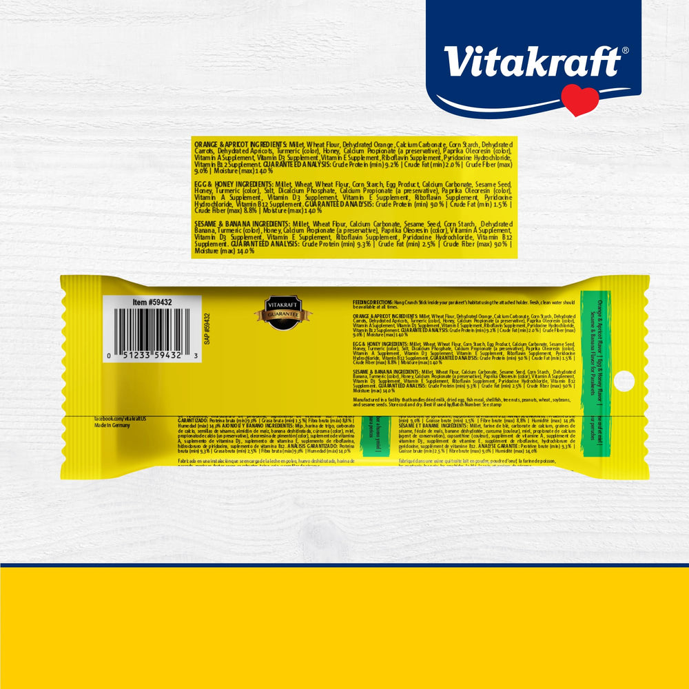 Vitakraft Crunch Sticks con frutas y miel para sabor agradable y equilibrado.
