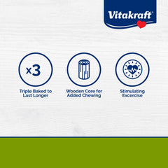 Vitakraft Crunch Sticks textura crujiente triple horneada para masticación prolongada.