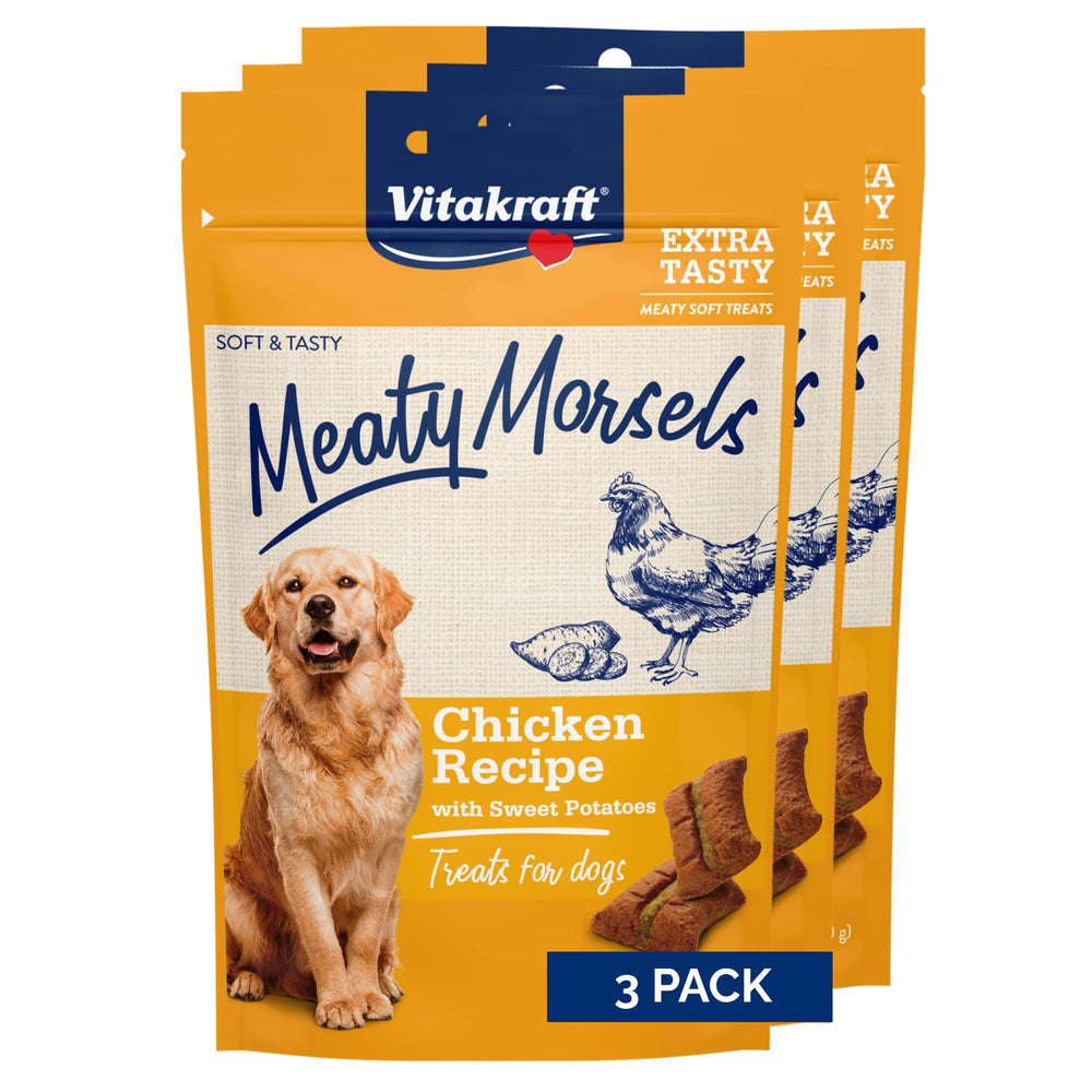 Vitakraft Meaty Morsels dog treats close-up shows soft chicken and sweet potato texture for easy chewing.