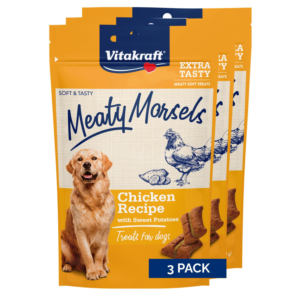 Vitakraft Meaty Morsels dog treats close-up shows soft chicken and sweet potato texture for easy chewing.