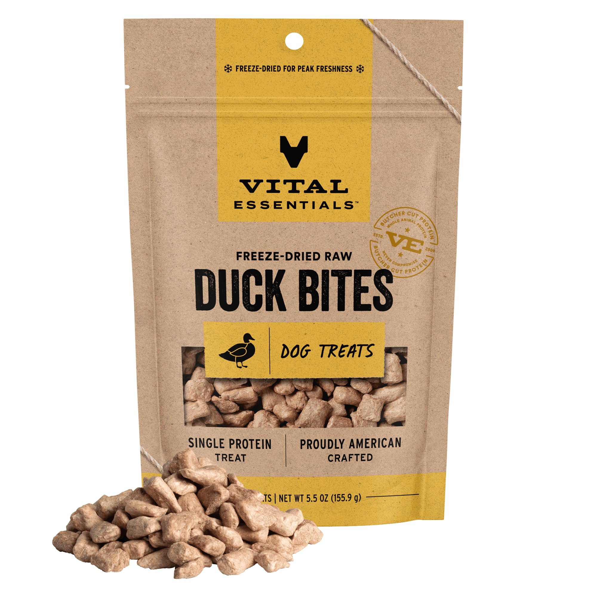Vital Essentials bocaditos de pato liofilizados, proteína única para perros activos.
