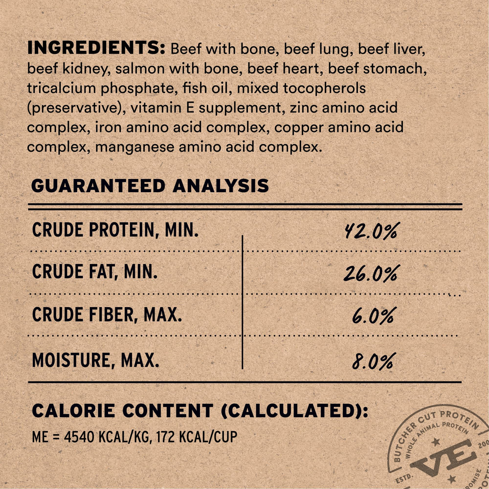 Vital Essentials: etiqueta de calidad muestra ingredientes sin aditivos.