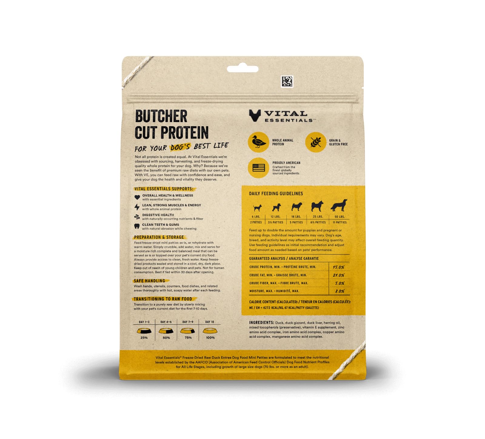 Vital Essentials bolsa de pato crudo liofilizado, ingrediente de alta calidad para dieta equilibrada.