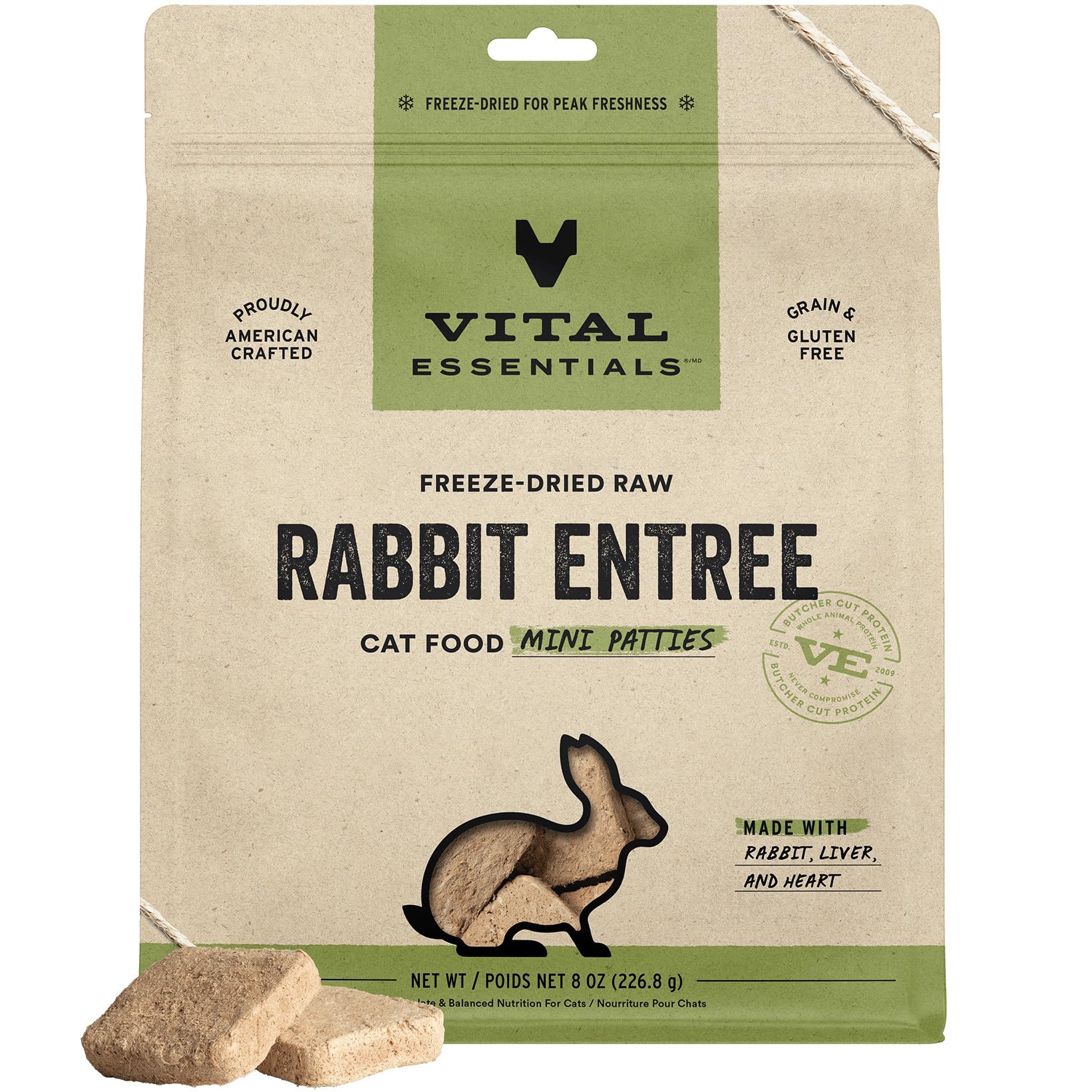 Vital Essentials croquetas mini de conejo, empaque práctico para porciones diarias.
