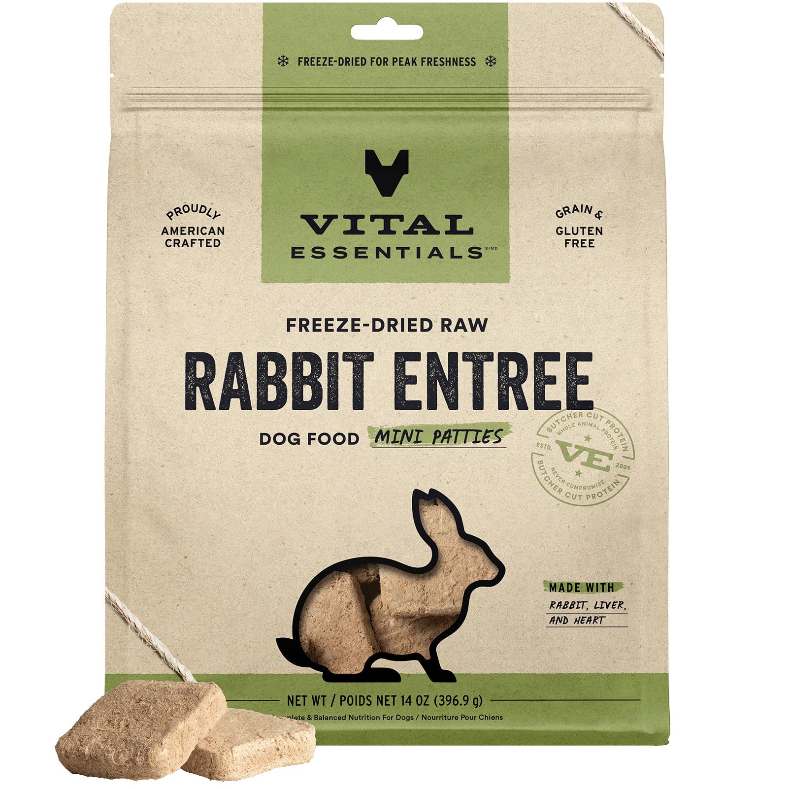 Vital Essentials conejo-crudo mini patty bolsa 14oz proteína completa para energía diaria.