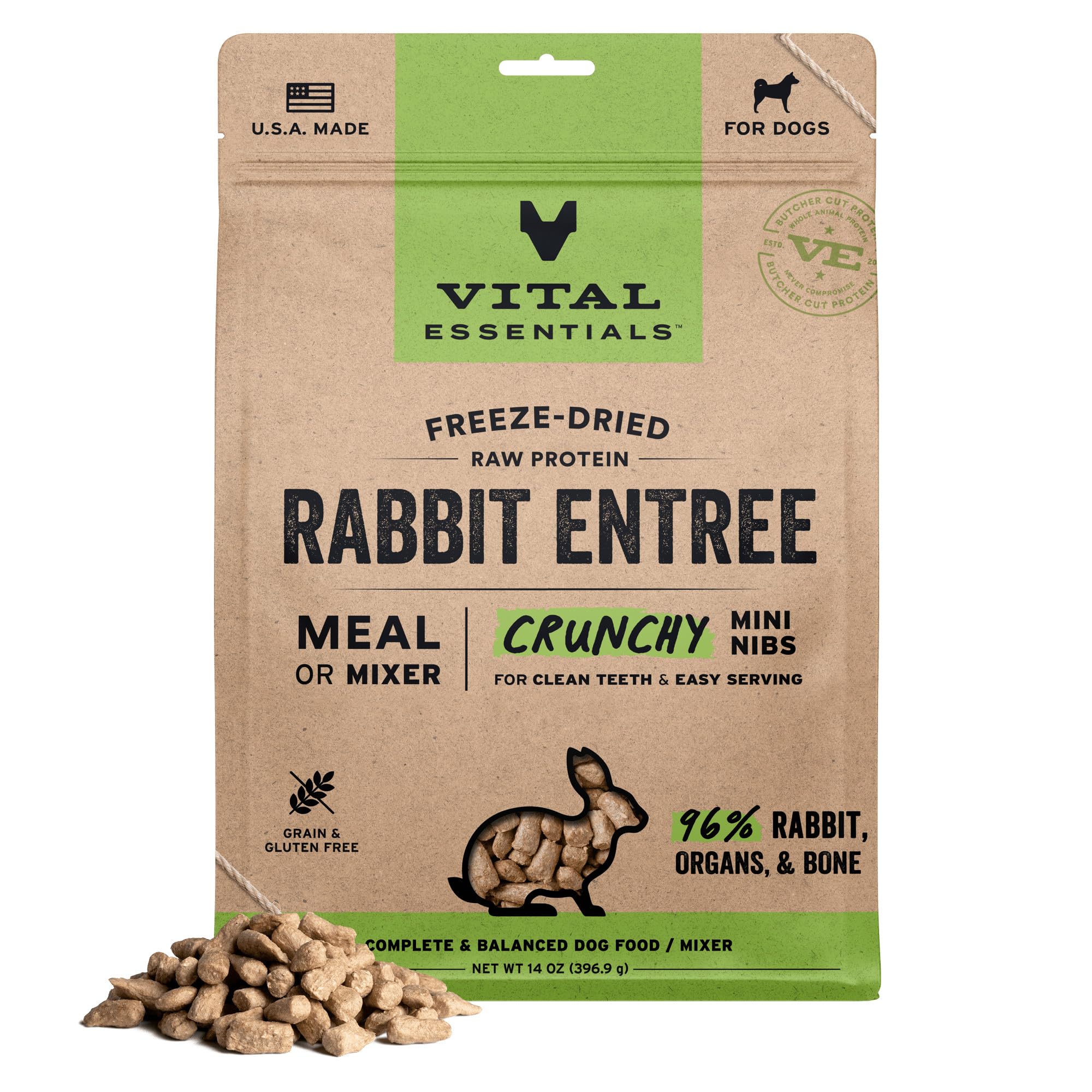 Vital Essentials conejo crujiente mini nibs, textura crujiente para perros activos