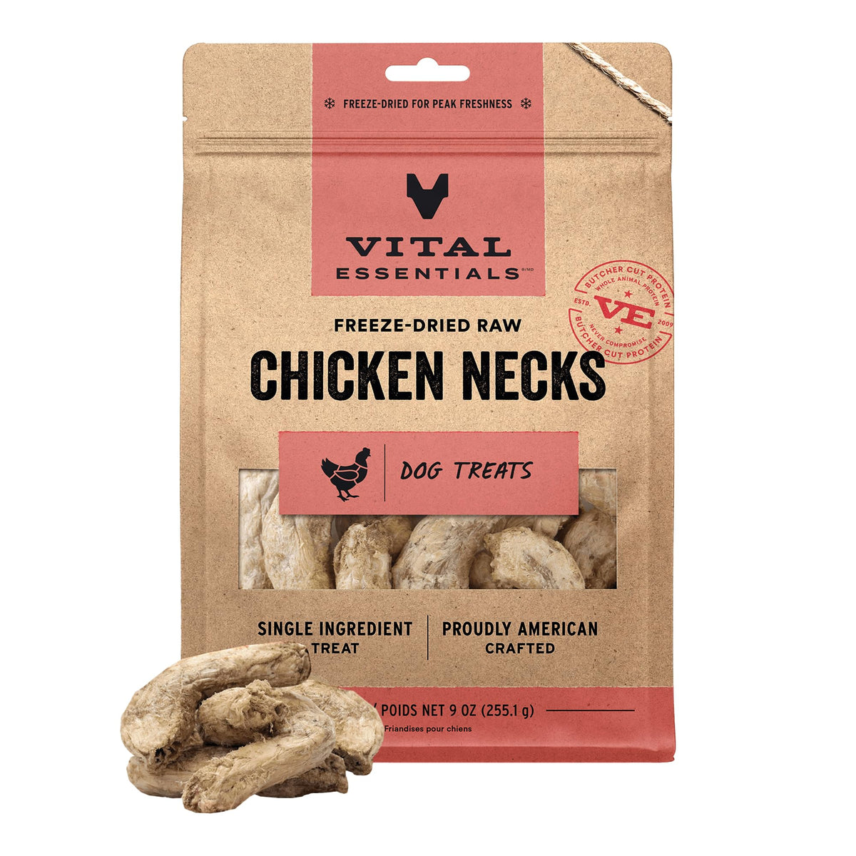 Vital Essentials cuellos de pollo deshidratados en bolsa de 9 oz para perros