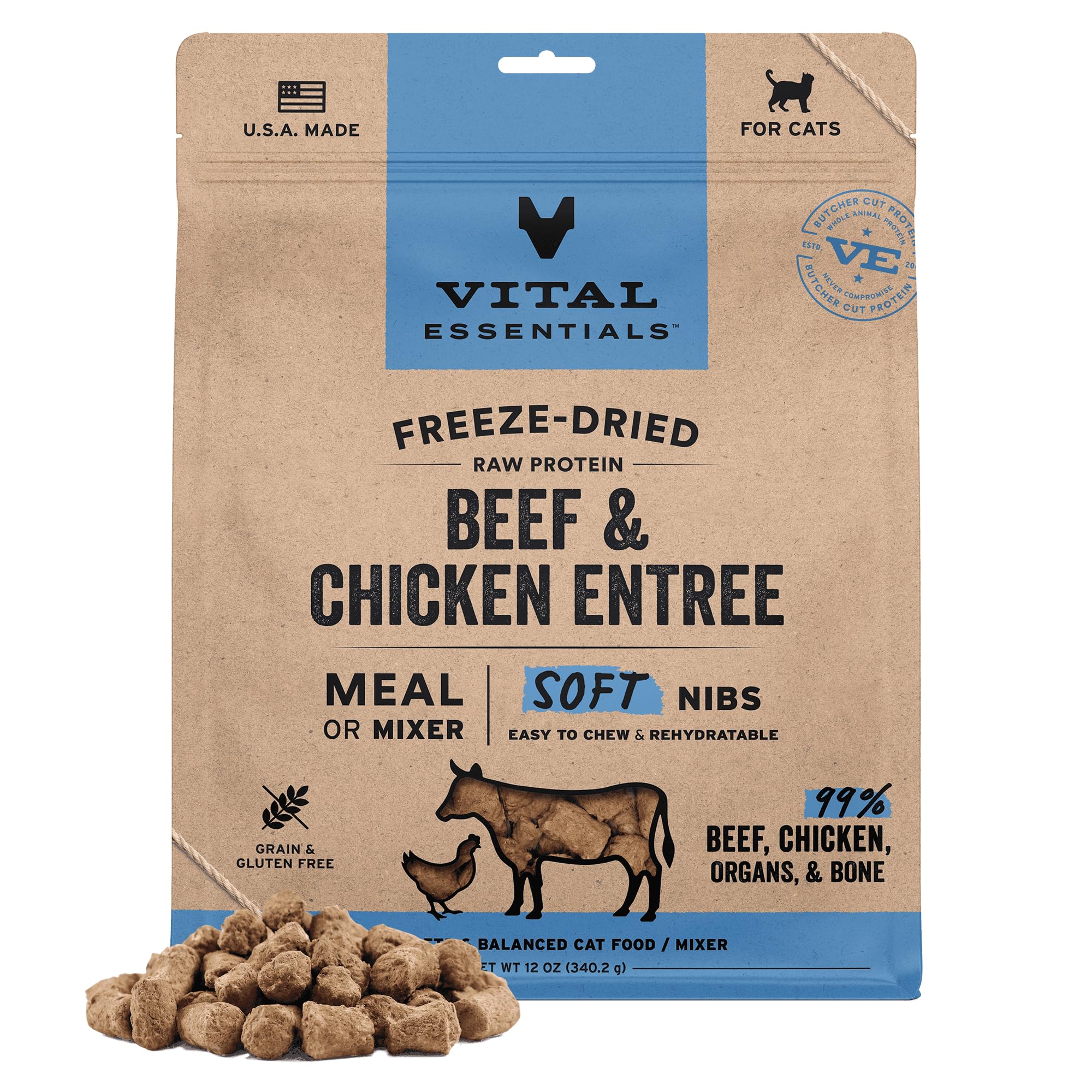 Vital Essentials empaque de alimento liofilizado para gatos.