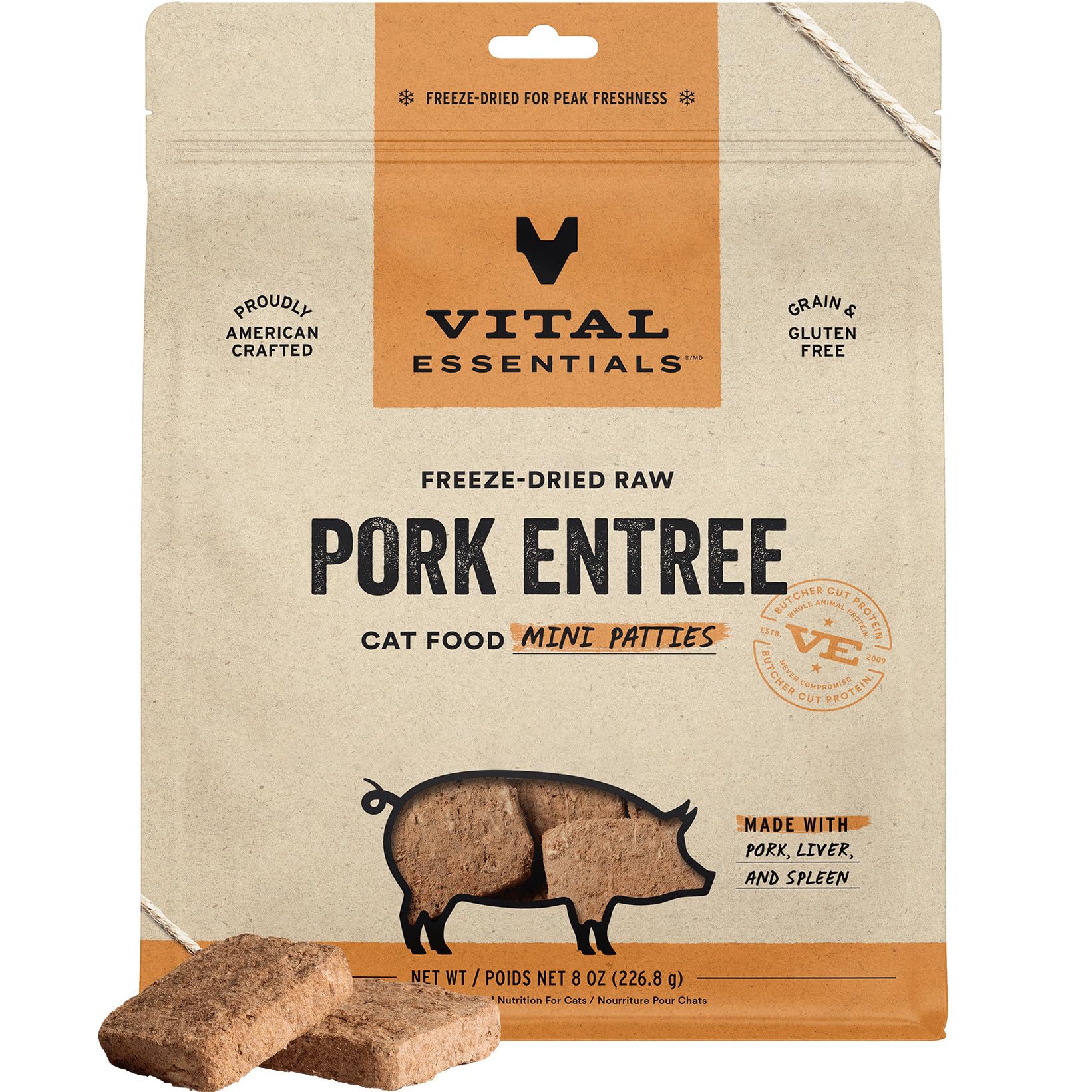 Vital Essentials frizada puerco mini-hamburguesas: proteína de alta calidad para gatos activos.