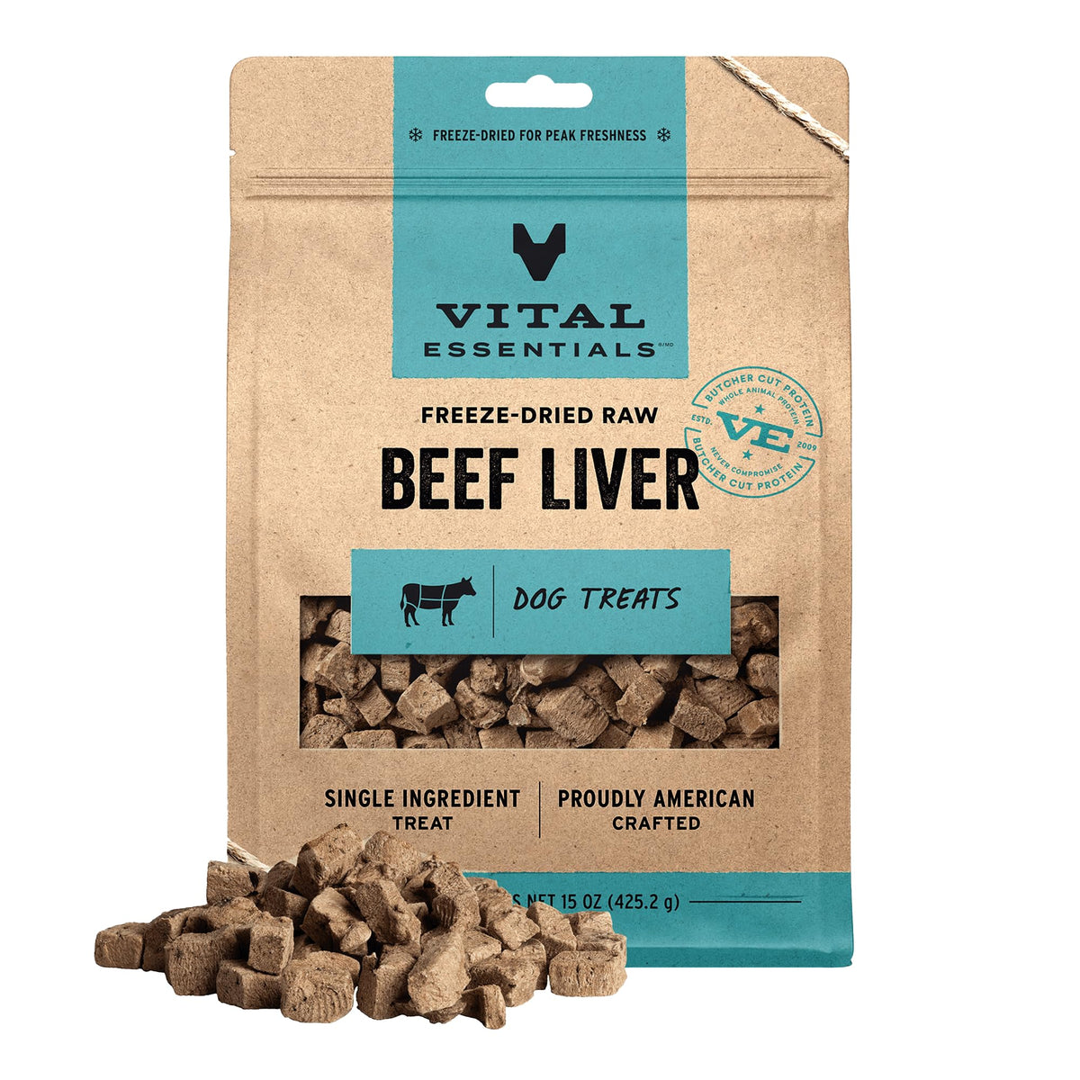 Vital Essentials hígado de res secado al frío, alto en proteína para perros activos.