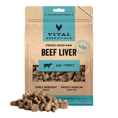 Vital Essentials hígado de res secado al frío, alto en proteína para perros activos.