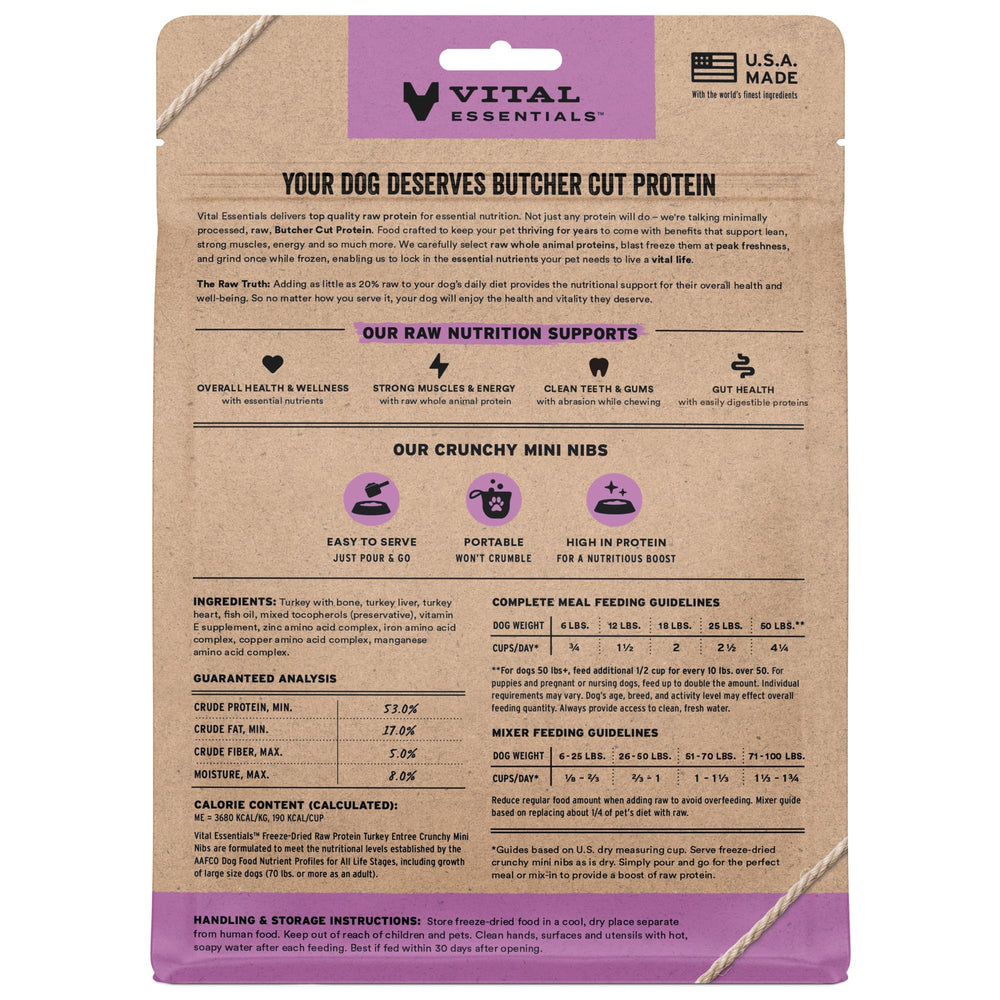 Vital Essentials mini trozos de pavo crujiente, topper proteico para perros exigentes.