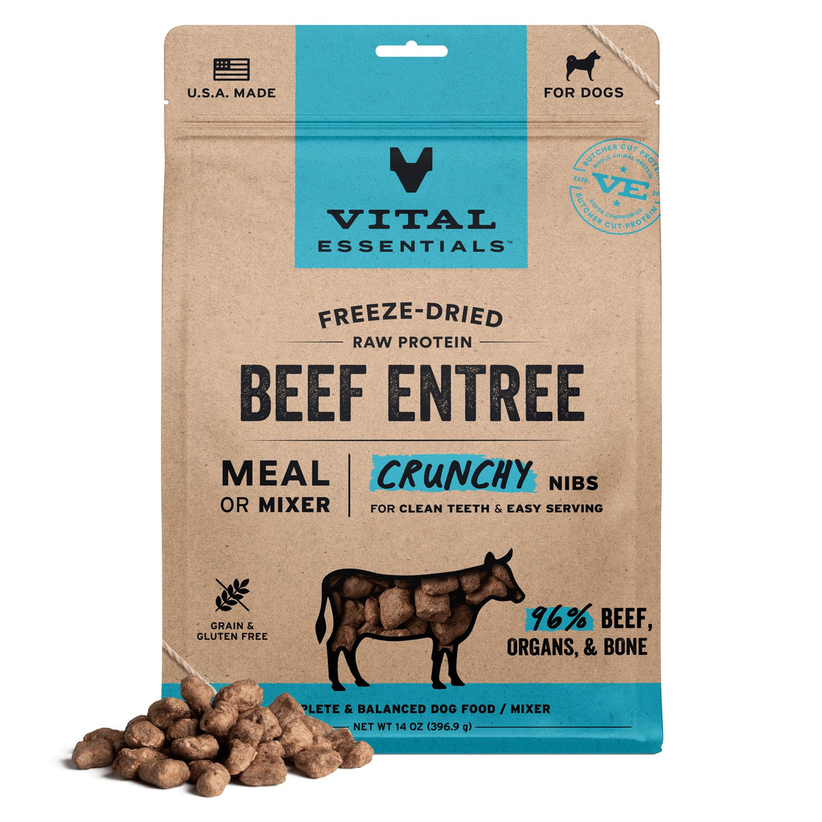 Vital Essentials nibs res deshidratados en bolsa, fuente de proteína para perros activos