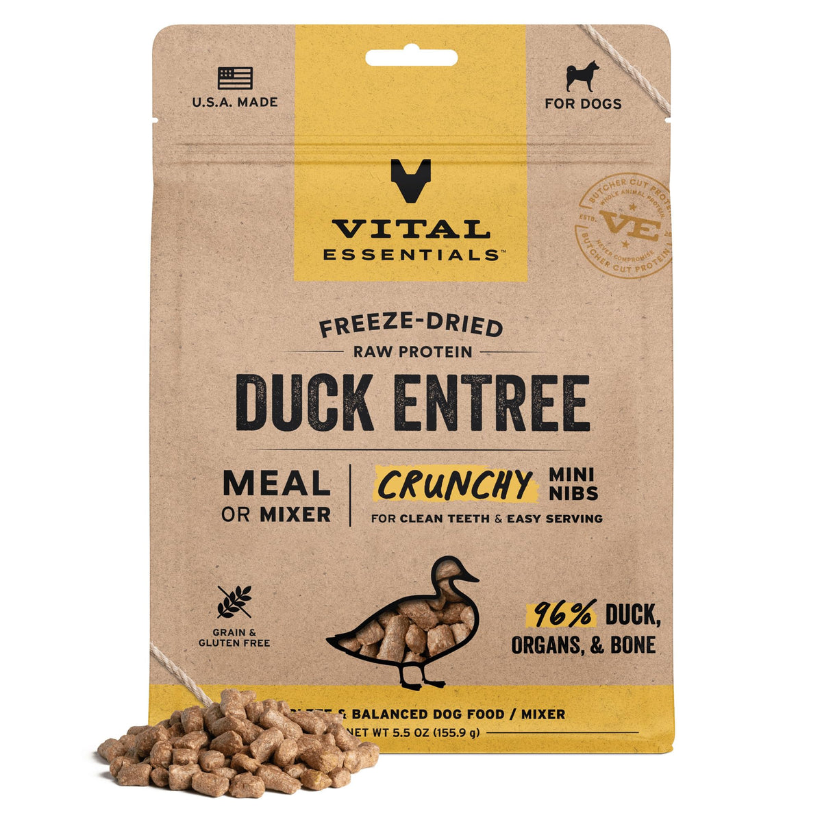Vital Essentials pato crudo mini nibs envase, snack proteico para perros activos.