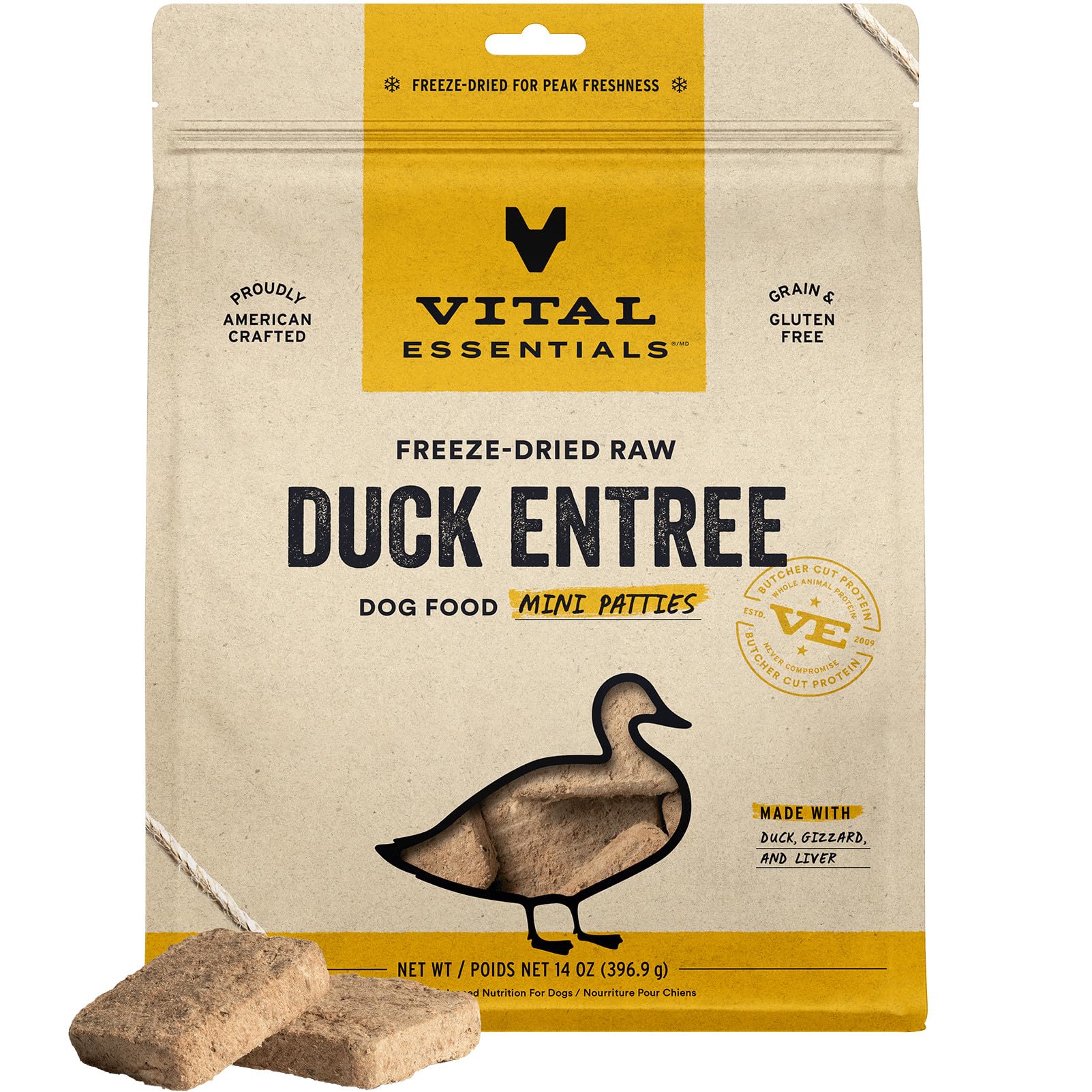 Vital Essentials pato mini pastelitos liofilizados, porciones fáciles para perros activos.