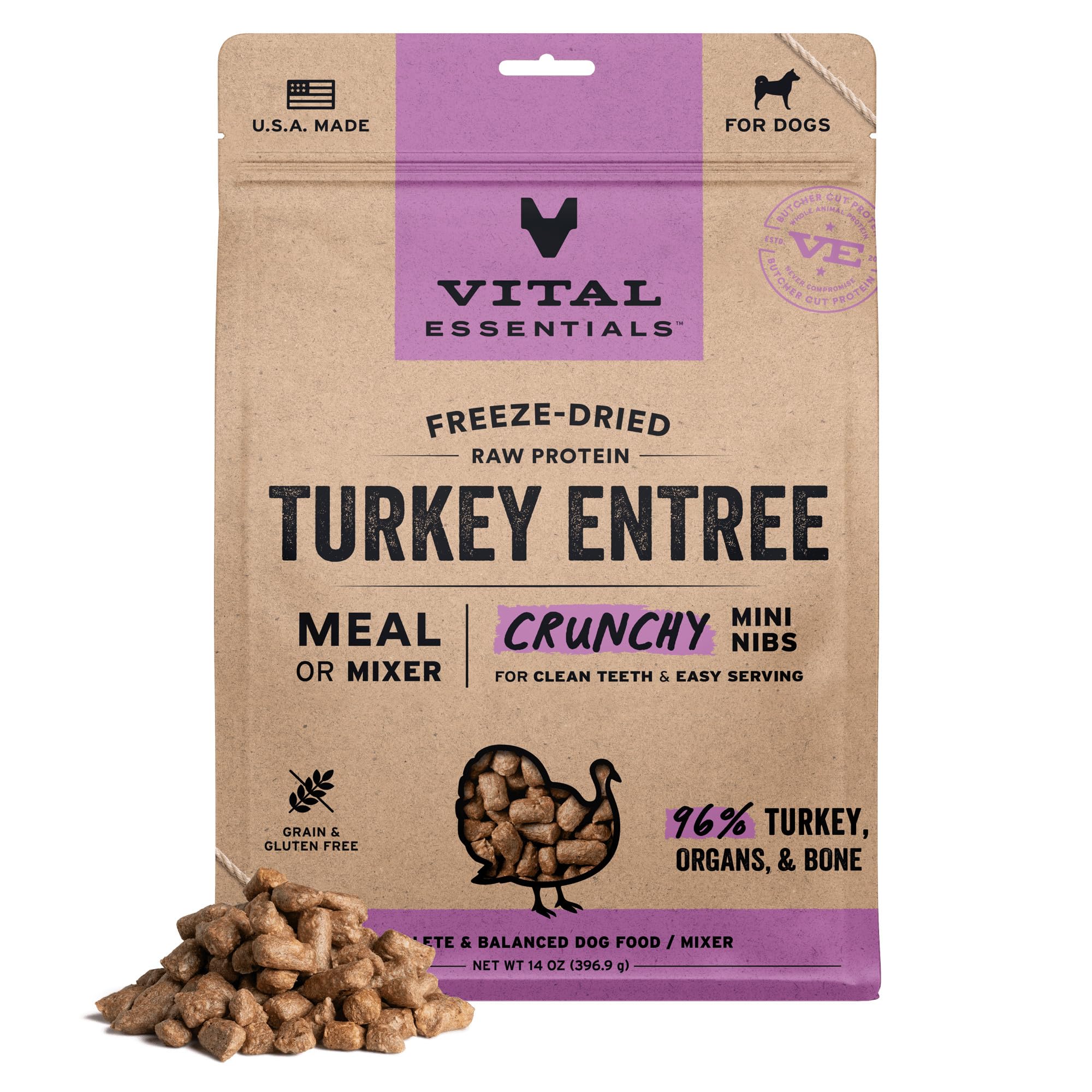 Vital Essentials trocitos crujientes de pavo en envase listo para perro activo