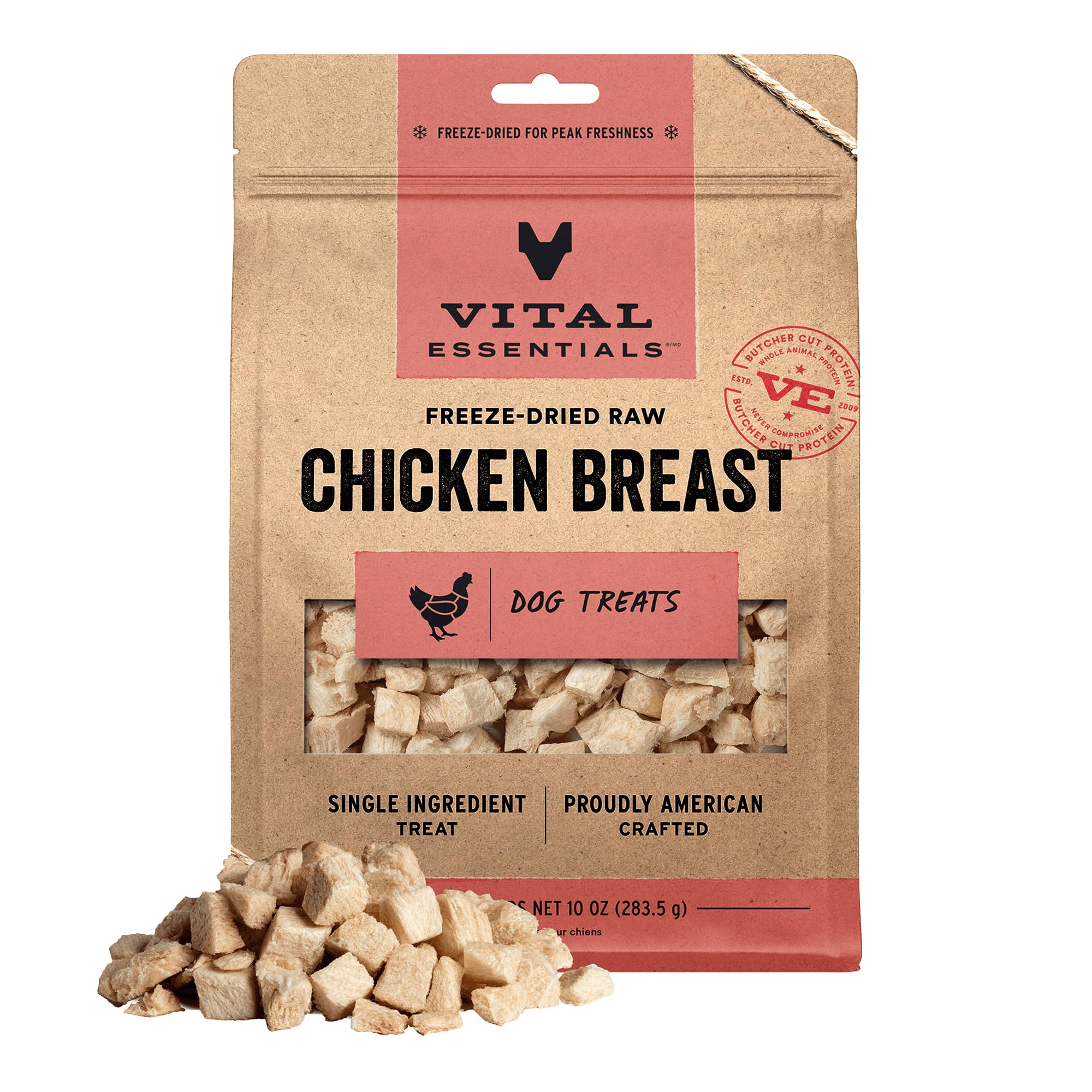 Vital Essentials: pechuga de pollo deshidratada para perros, ideal como snack proteico para entrenamiento.