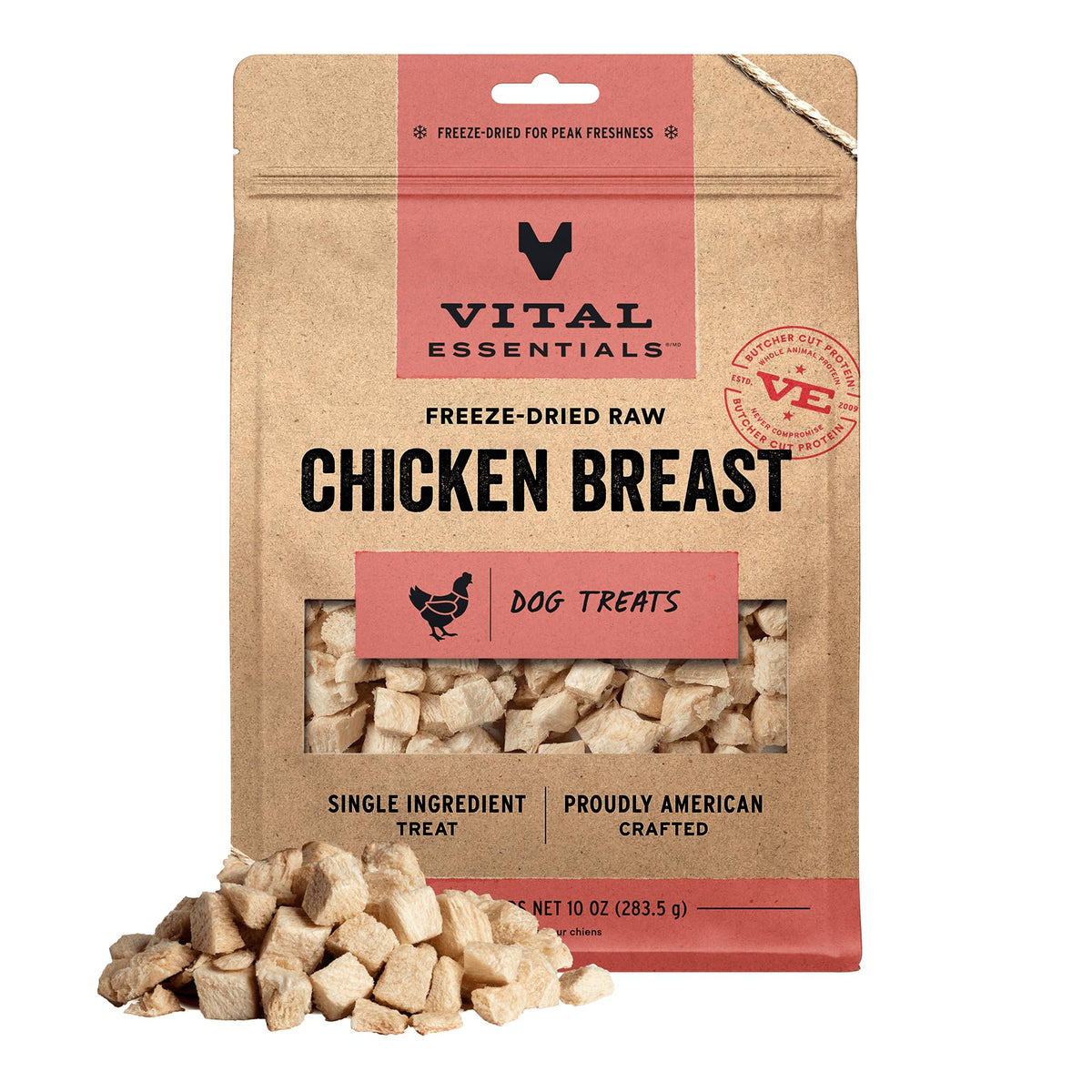 Vital Essentials: pechuga de pollo deshidratada para perros, ideal como snack proteico para entrenamiento.