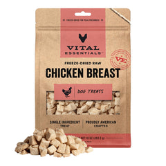 Vital Essentials: pechuga de pollo deshidratada para perros, ideal como snack proteico para entrenamiento.