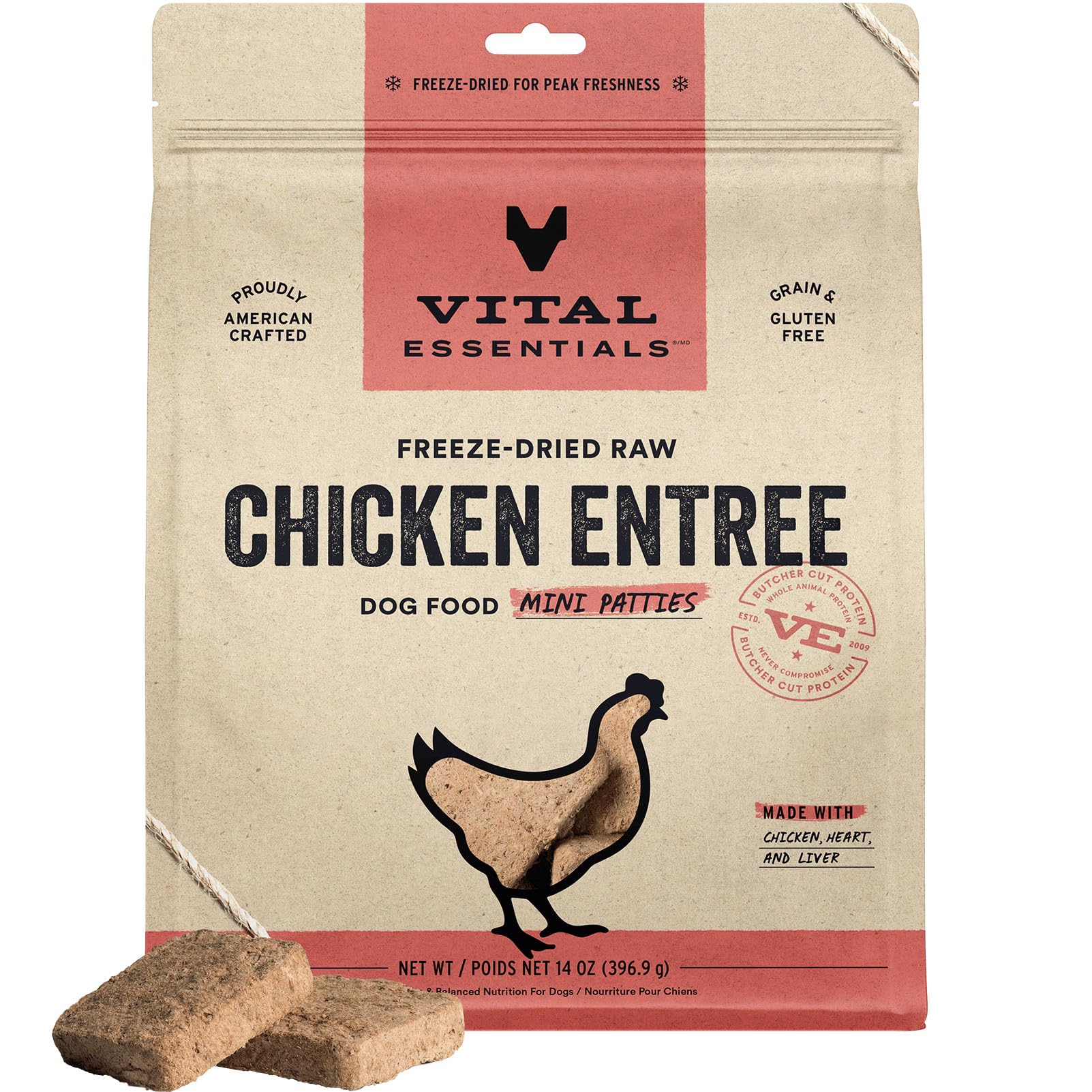 Vital Essentials pollo crudo liofilizado mini-hamburguesas para perros activos.