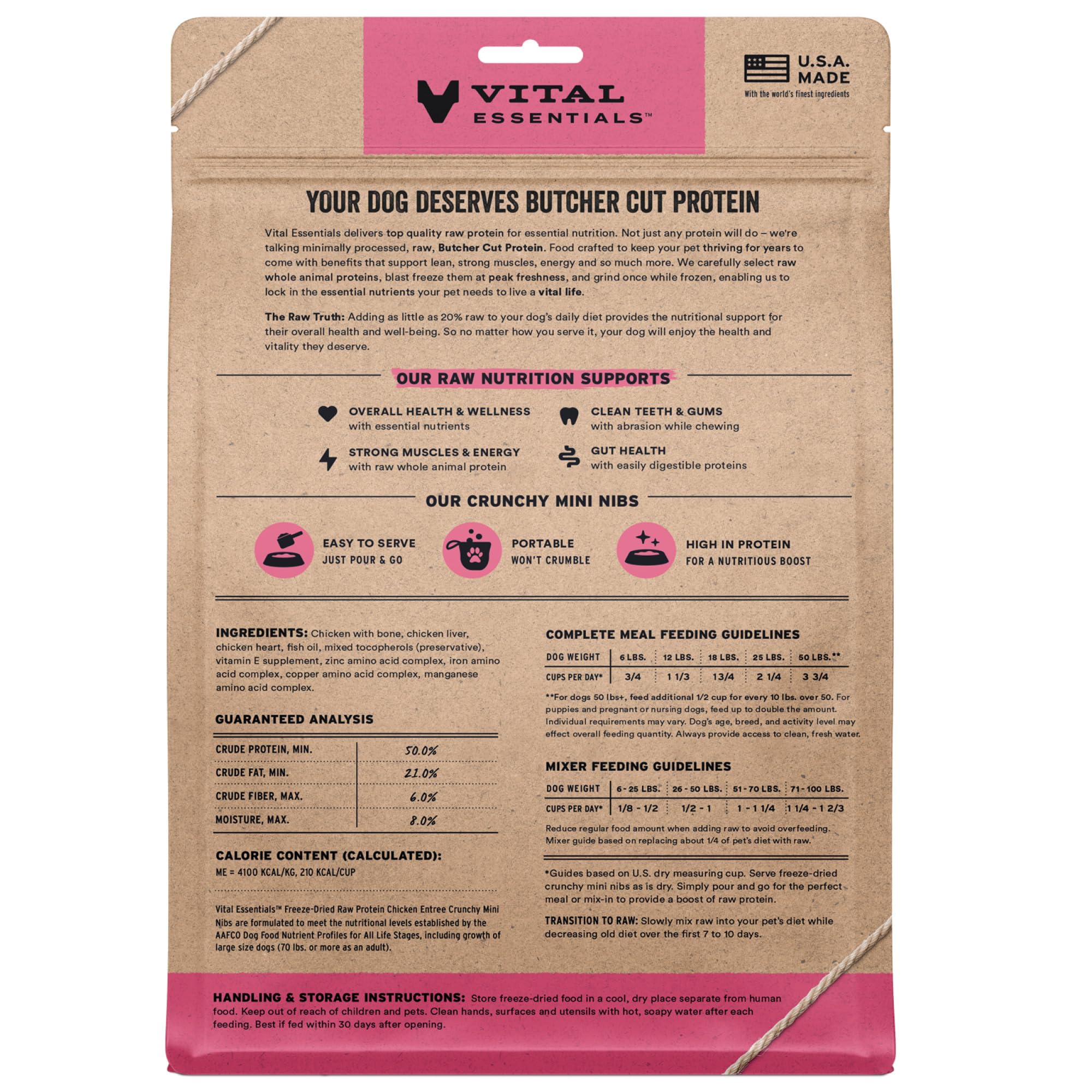 Vital Essentials: pollo deshidratado crujiente en mini trocitos para dieta sin granos.