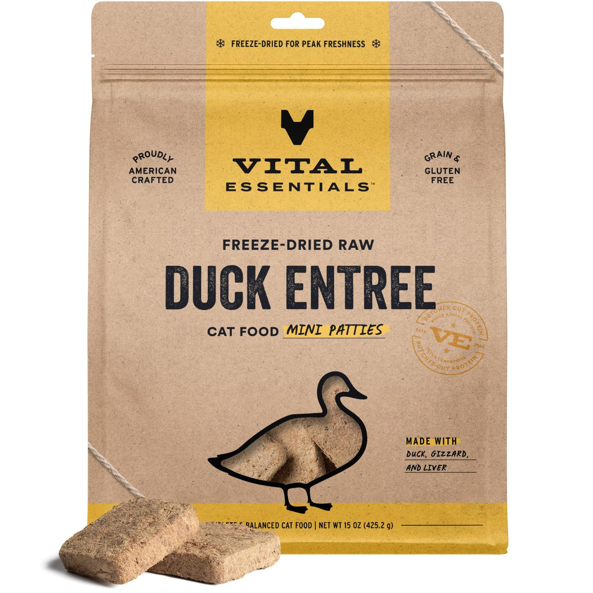 Vital Essentials tortitas de pato crudo liofilizado, fuente de proteína completa para gatos activos.