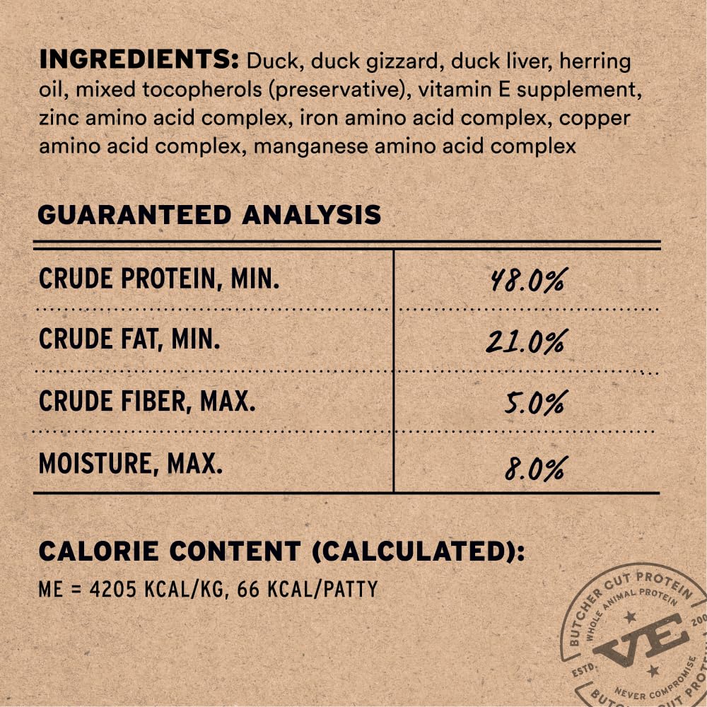 Vital Essentials tortitas de pato liofilizado, porciones fáciles para una alimentación diaria.