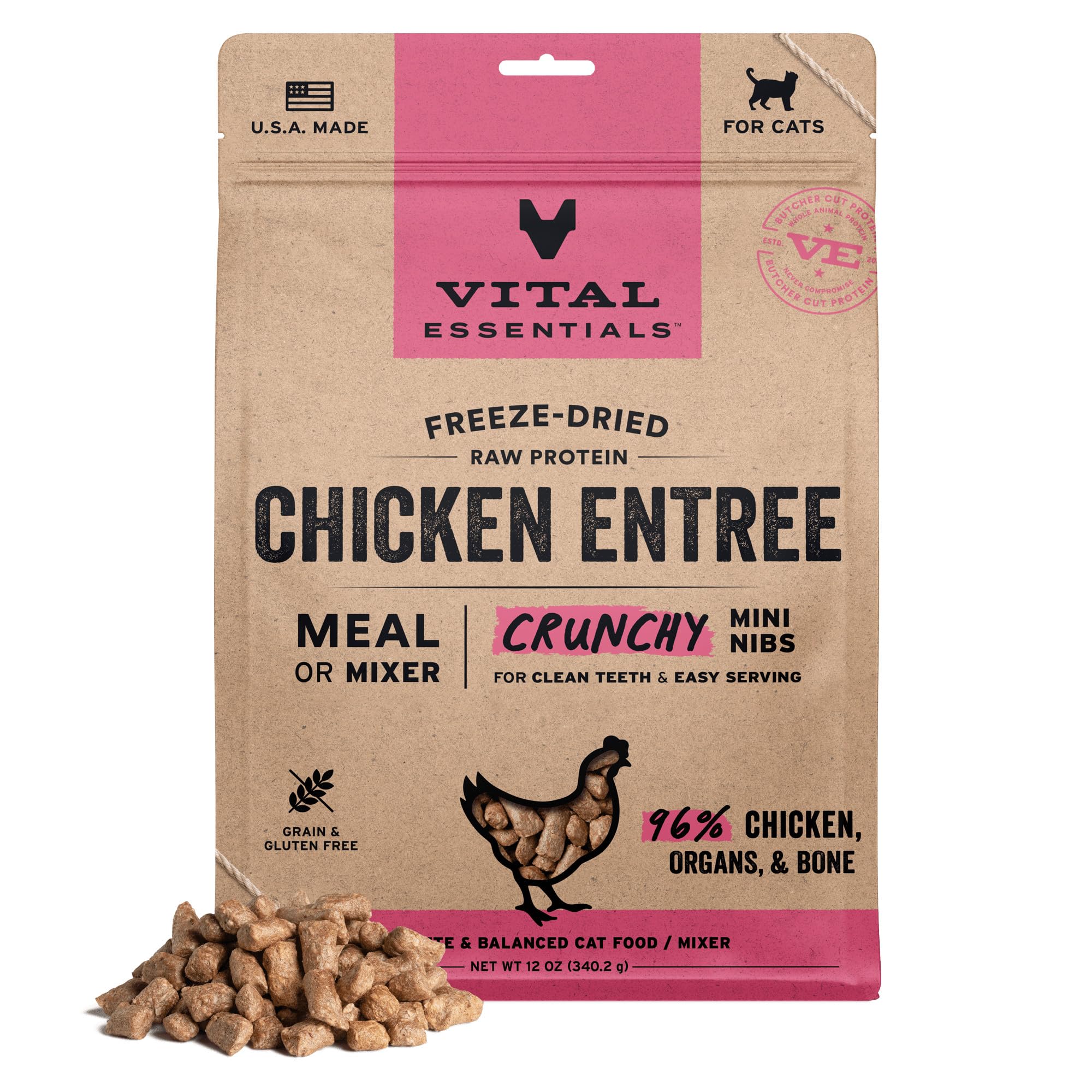 Vital Essentials trocitos de pollo deshidratado crujientes para gatos, apoyo a la energía.