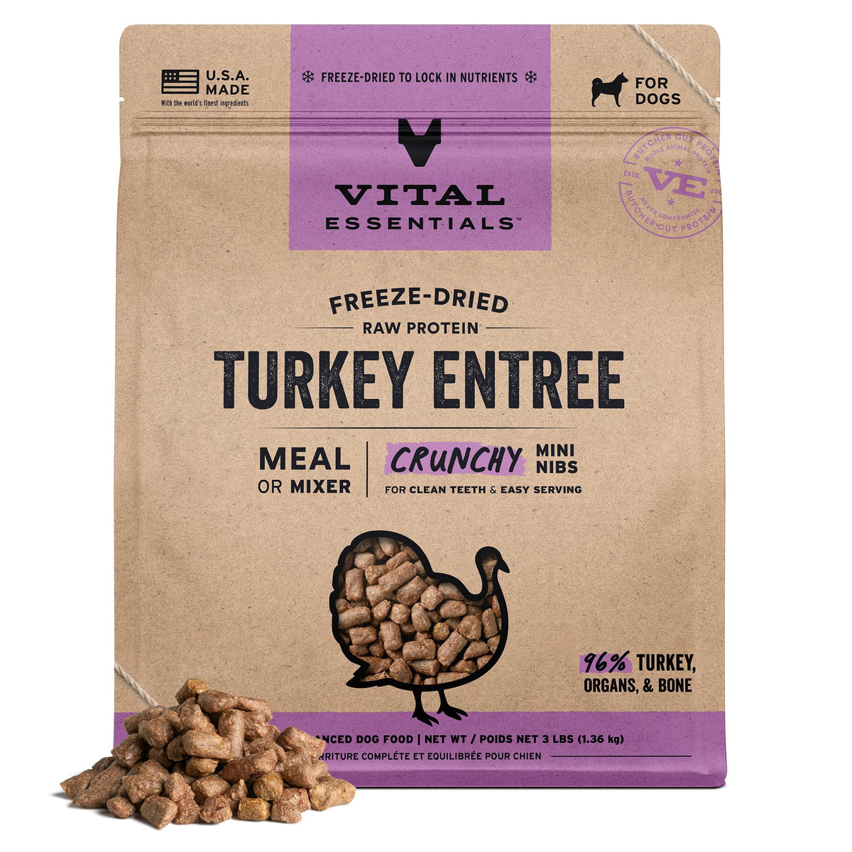 Vital Essentials trozos-pavo-crujientes-mini, proteína completa para perros activos.
