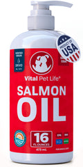 Vital Pet Life aceite de salmón, botella para piel sana y pelaje suave.