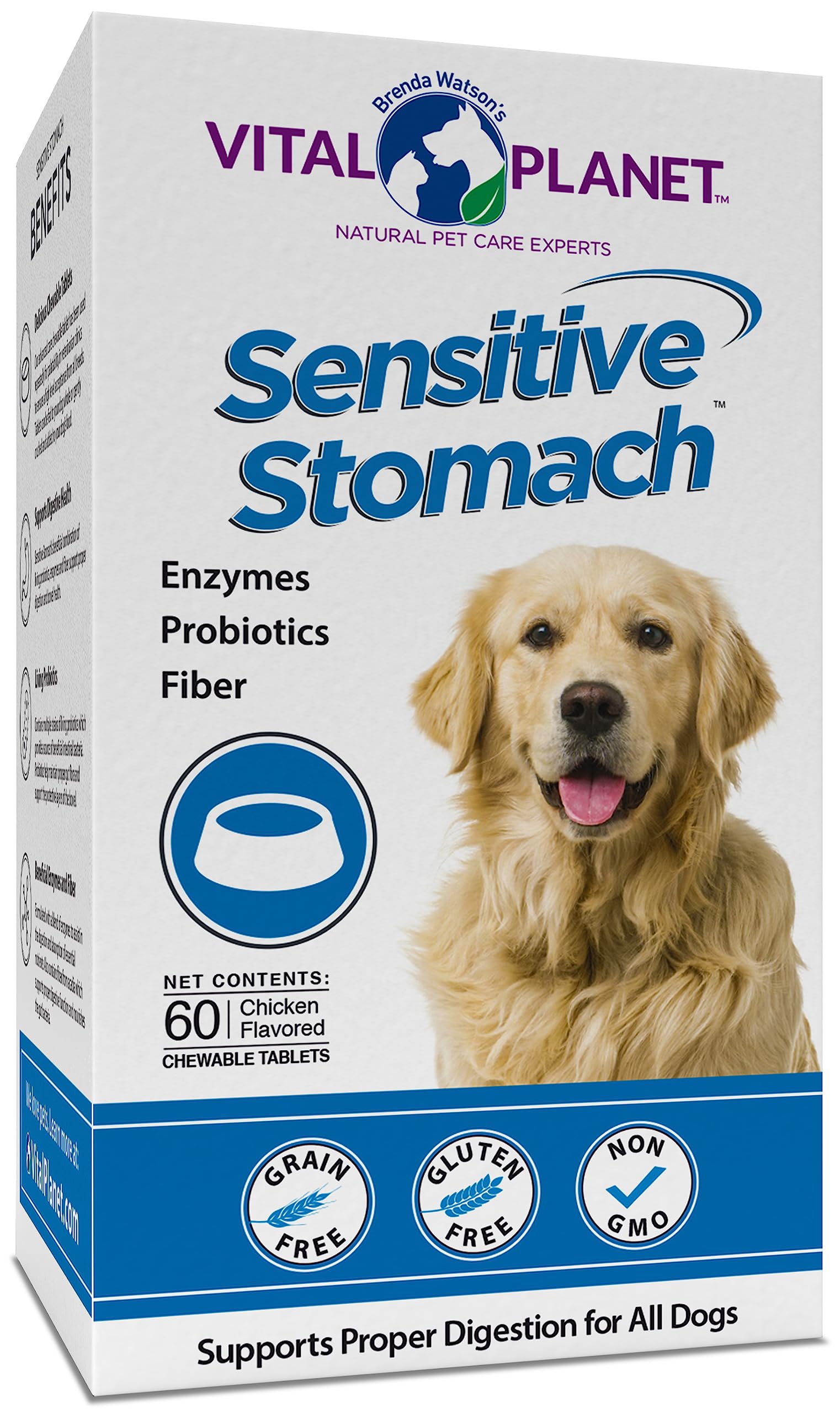 Vital Planet estómago sensible para perros, tabletas masticables sabor pollo, apoyo digestivo diario
