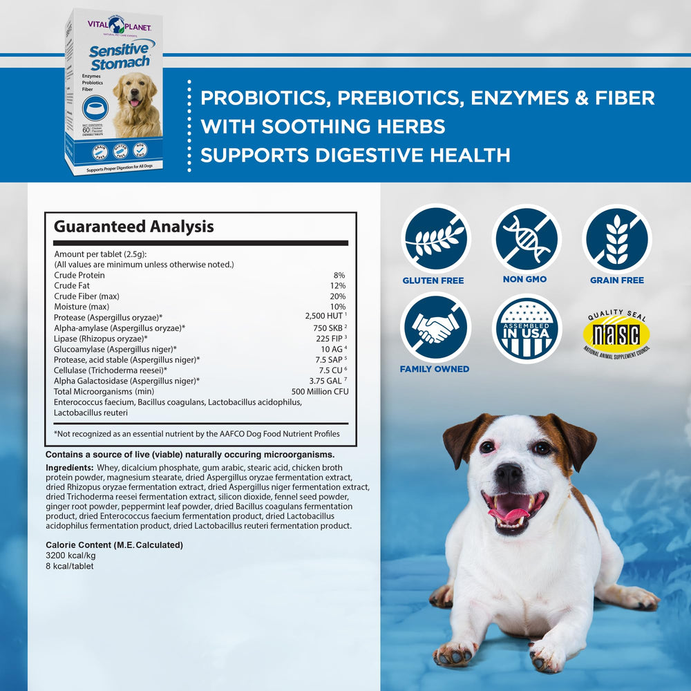 Vital Planet probióticos digestivos para perros, tabletas sabor pollo, promueven equilibrio intestinal