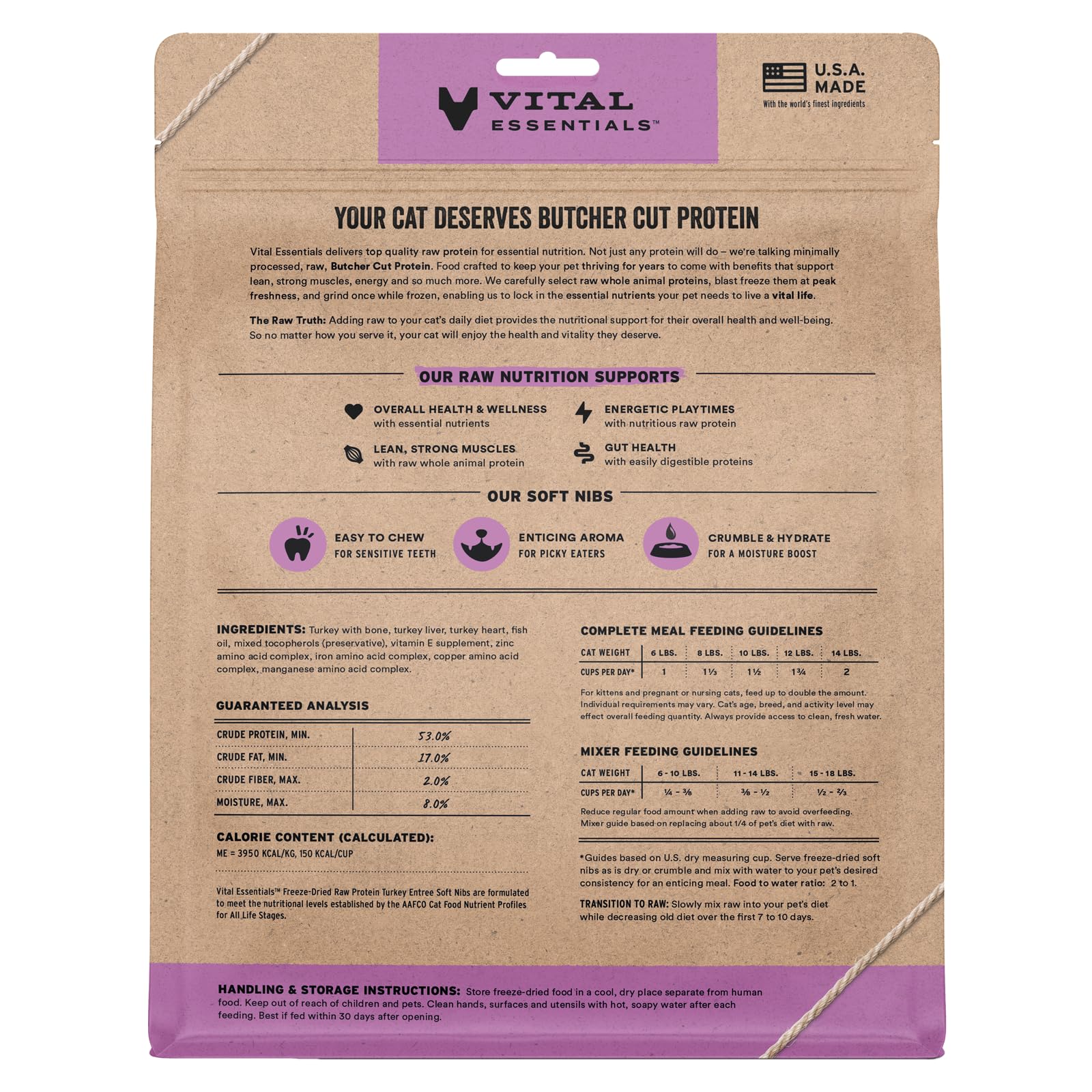 Vital Essentials bolsa de 12 oz con pavo crudo liofilizado listo para comer.