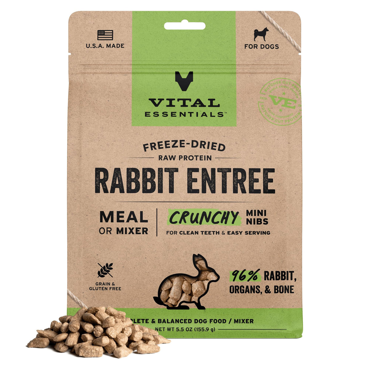 Vital Essentials trocitos crujientes de conejo en bolsa, ideal para perros activos.