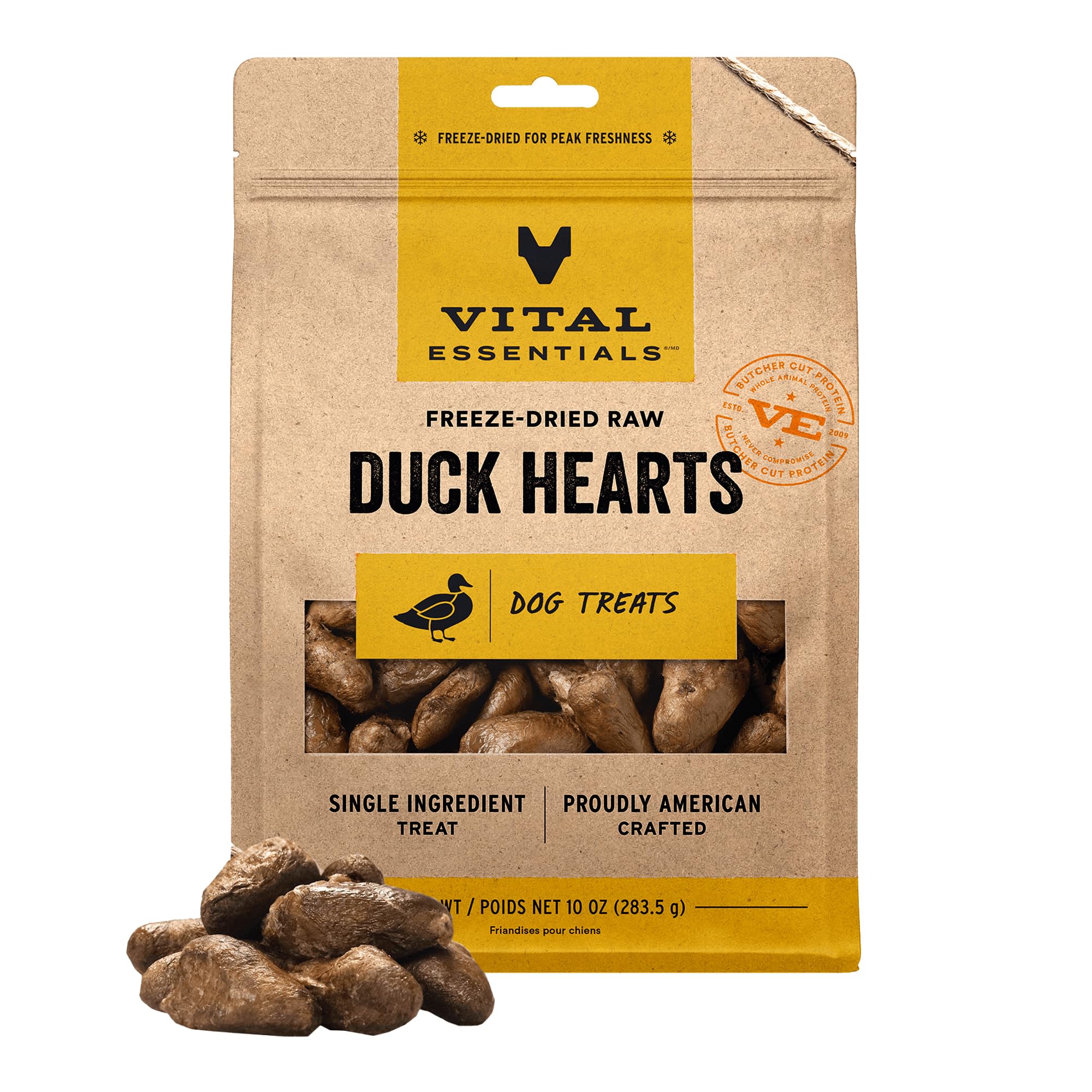 Vital Essentials corazones de pato secos, snack proteico para perros.