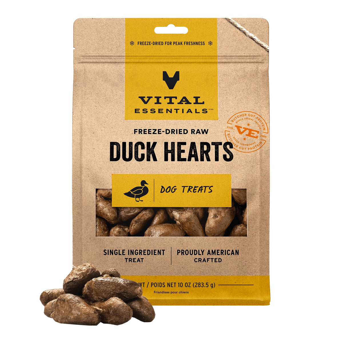 Vital Essentials corazones de pato secos, snack proteico para perros.